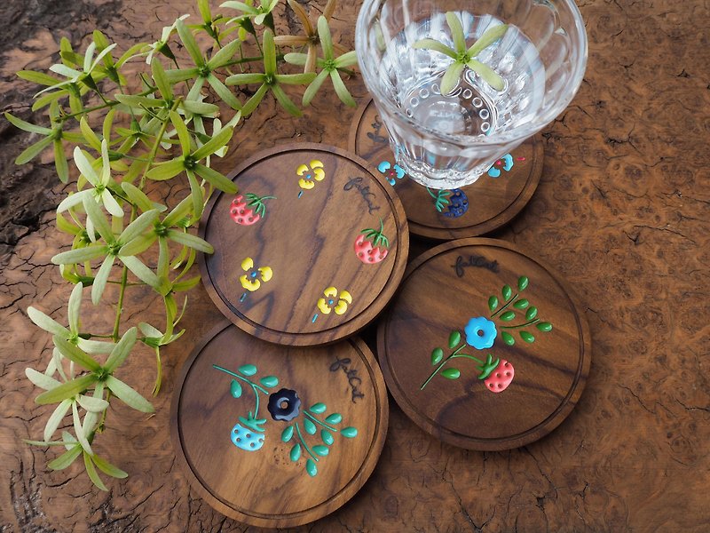 Strawberry Party Set of 4 Coasters - Coasters - Wood Brown