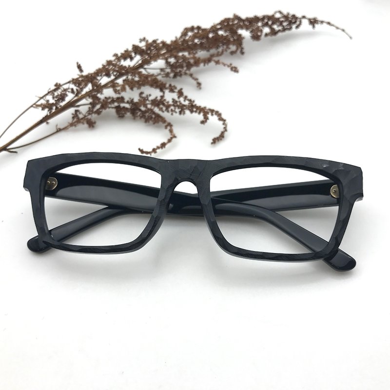 手作りと手彫りの長方形マットブラックメガネ - 眼鏡・フレーム - プラスチック ブラック