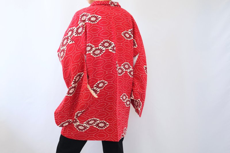 Japanese KIMONO, floral kimono, red haori, authentic kimono - 女大衣/外套 - 絲．絹 紅色