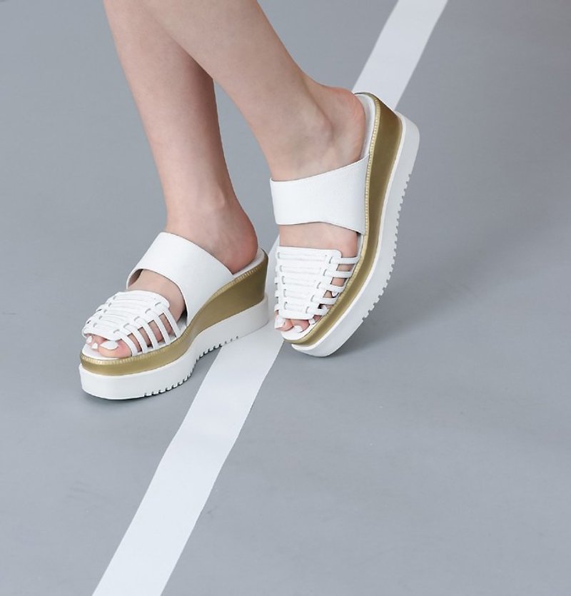 Interlaced Woven Toe Serrated Platform Leather Sandals White Gold - Sandals - Genuine Leather White