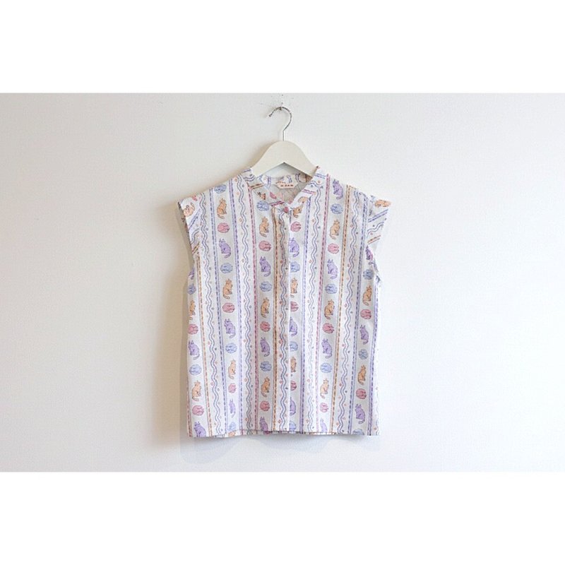 Mandarin collar shirt, puff sleeves, cat print cotton - 女上衣/長袖上衣 - 棉．麻 粉紅色