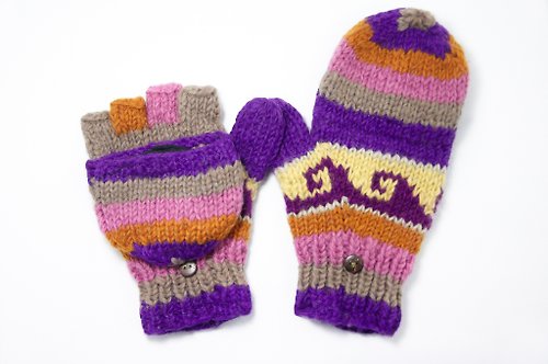 omhandmade NG商品 限量一件針織純羊毛保暖手套 / 2ways手套 / 露趾手套 / 內刷毛手套 / 針織手套 - 紫色東歐民族圖騰