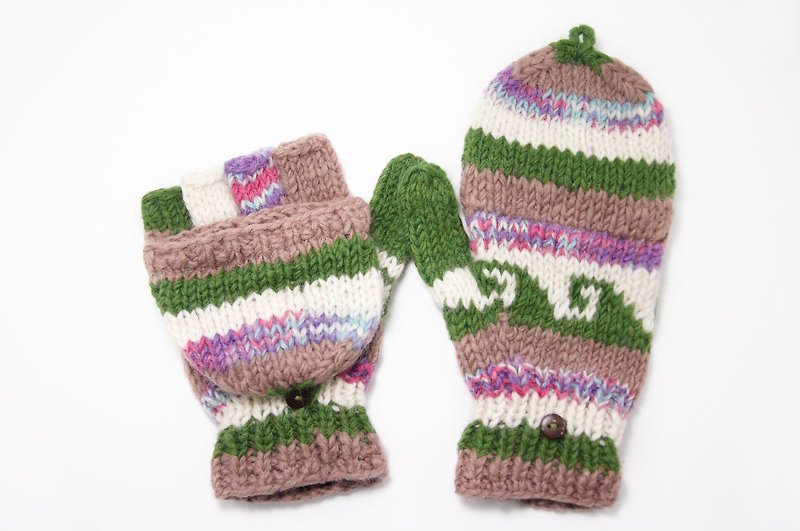 Valentine’s Day gift limited one piece knitted pure wool warm gloves/ 2ways gloves/ open-toed gloves/ inner bristle gloves/ knitted gloves-gradient color grassland color matching ethnic totem - Gloves & Mittens - Other Materials Multicolor