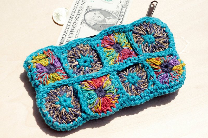 A limited edition hand-crocheted rectangle purse / Storage bag / Cosmetic Bag - Sky Blue colorful flowers forest - กระเป๋าใส่เหรียญ - วัสดุอื่นๆ หลากหลายสี
