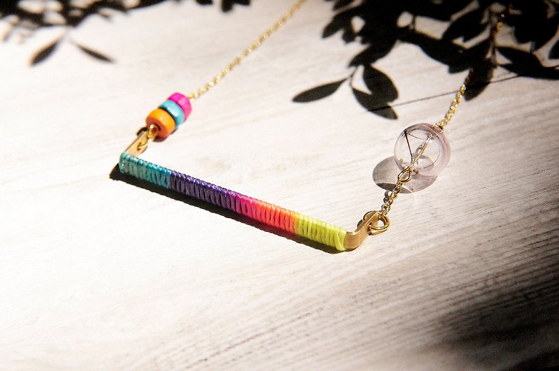 Valentine / simple sense / Bronze French wood glass ball clavicle short chain necklace long chain - rainbow color gradient silk Wax line - สร้อยคอทรง Collar - โลหะ หลากหลายสี
