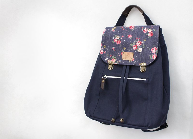 Japan No. 8 canvas ~ dark blue rose backpack / side backpack / cross-body bag / handbag (four back method) - Backpacks - Cotton & Hemp Multicolor