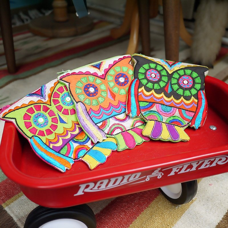 ✱ ✱ colorful embroidery owl purse (two-color) - กระเป๋าใส่เหรียญ - งานปัก หลากหลายสี
