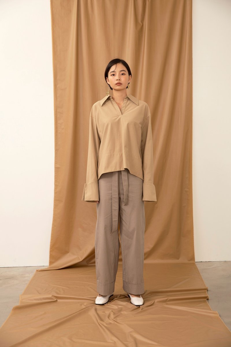 Checked hem pants - กางเกงขายาว - ผ้าฝ้าย/ผ้าลินิน สีกากี