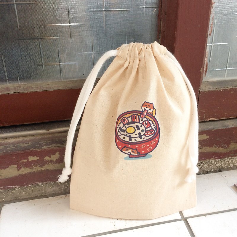 Donburi cat の daily cat canvas drawstring bag hand-printed Drawstring bag - Toiletry Bags & Pouches - Cotton & Hemp 
