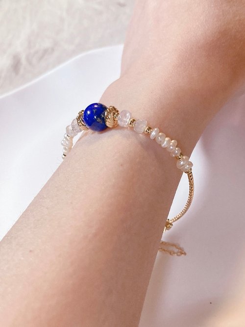MainStar Accessory 金款 手作天然石手鍊 青金石/斯裡蘭卡藍光月光石/天然淡水珍