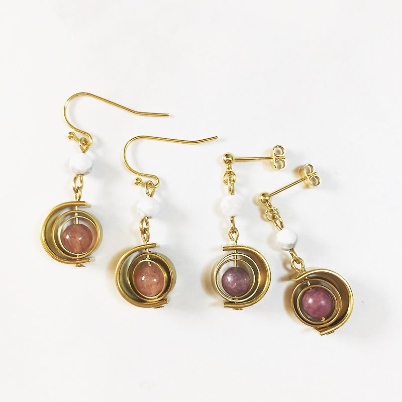 Spinning planet Strawberry Quartz with 24k dangle earrings  - Earrings & Clip-ons - Gemstone Pink