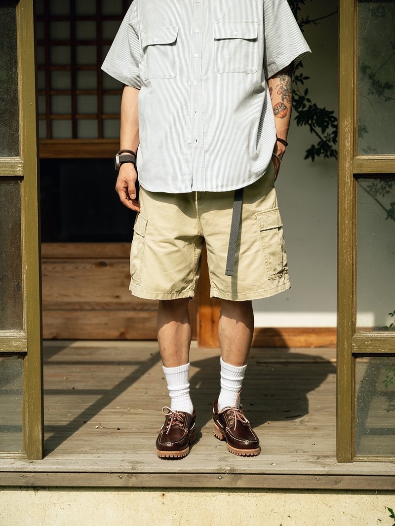 24SS Japanese high-density twill casual pants with belt, Stone, distressed, loose overalls, five-point shorts - กางเกง - ผ้าฝ้าย/ผ้าลินิน สีดำ