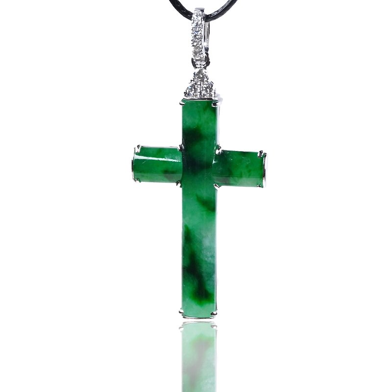 Ice floating green flower jade cross necklace 18K gold diamond | Natural Burmese jade jade A goods | Gift giving - Necklaces - Jade Green