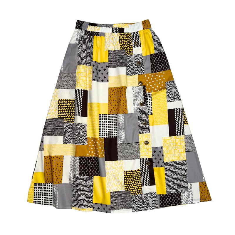 (Women's) Patchwork Skirt - Yellow - กระโปรง - ผ้าฝ้าย/ผ้าลินิน สีเขียว