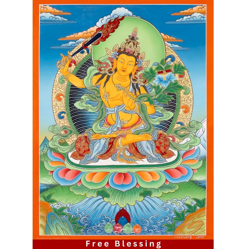 文殊菩薩唐卡 – 藏傳智慧與清晰的佛陀 - 壁貼/牆壁裝飾 - 其他材質 多色