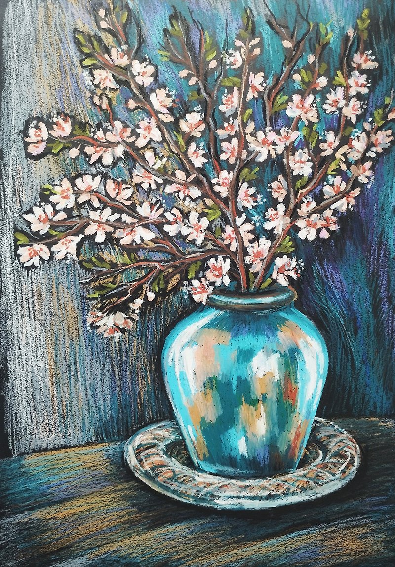 Cherry blossoms Still life drawing flowers in a vase art painting oil pastel - Wall Décor - Paper Pink