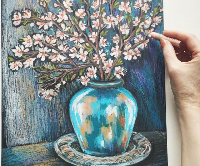 桜 静物画 花瓶の花 アート 油絵 パステル - ショップ Nadinart