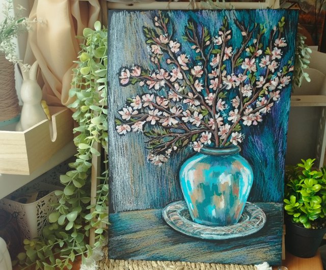 桜 静物画 花瓶の花 アート 油絵 パステル - ショップ Nadinart