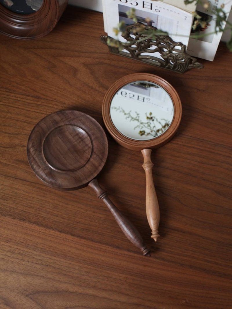 imooo original design French antique style solid wood handheld makeup mirror small round mirror - Makeup Brushes - Wood Brown