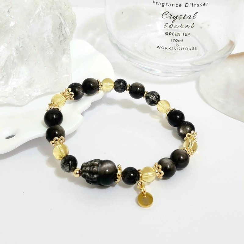 銀曜石貔貅設計手鍊/招財聚財、避邪擋煞之搭配水晶 - 手鍊/手環 - 水晶 黑色