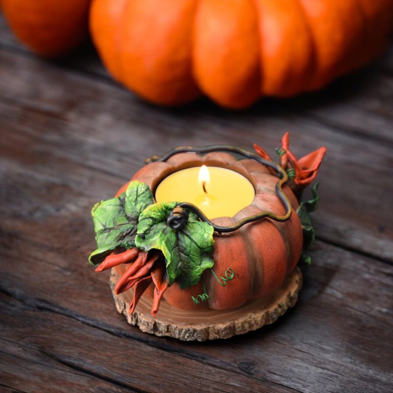 Orange pumpkin candle holder with handmade flowers and leaves for gift wrapped - Candles & Candle Holders - Clay Orange