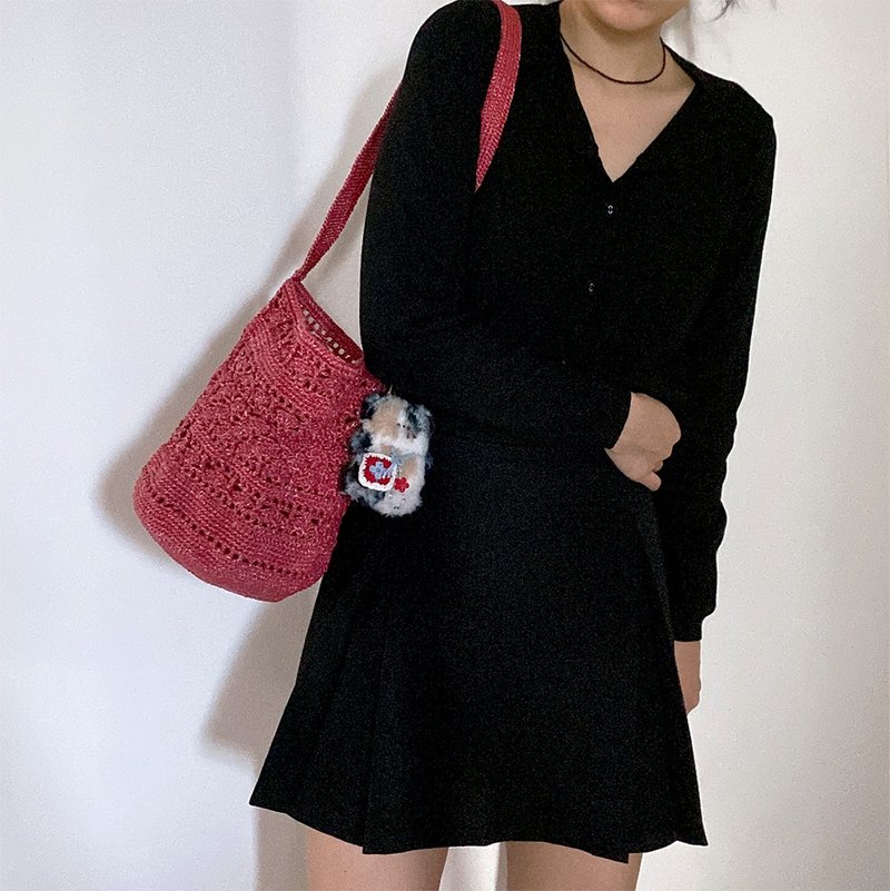 Dark cherry red, crochet shell & mesh shoulder Bag - 側背包/斜背包 - 聚酯纖維 紅色