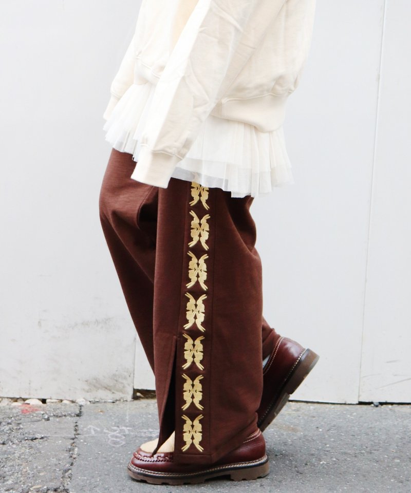 lucky charm motif Jersey line pants -2 - 中性長褲/短褲 - 棉．麻 咖啡色