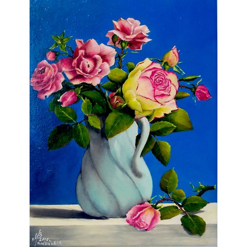 オリジナルの油絵キャンバスに花瓶の絵のピンクのバラ花の壁の