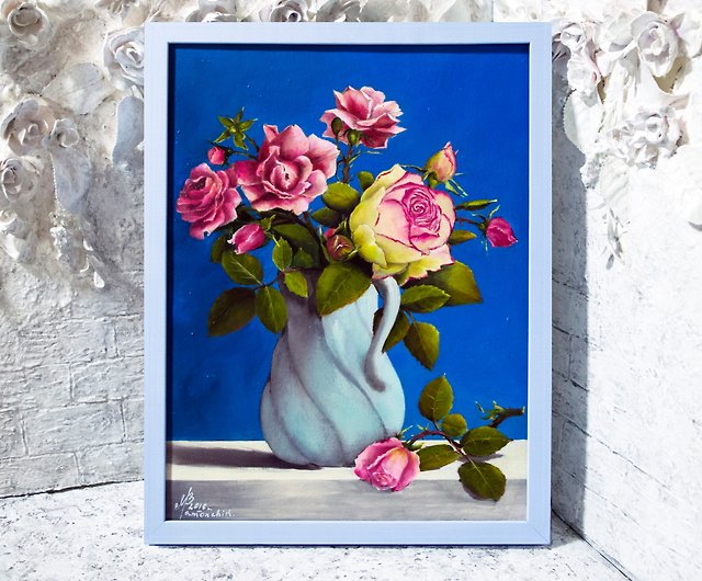 キャンバス油絵 専用 たっぷり入れた花瓶の青いお花 - ホビー・楽器 
