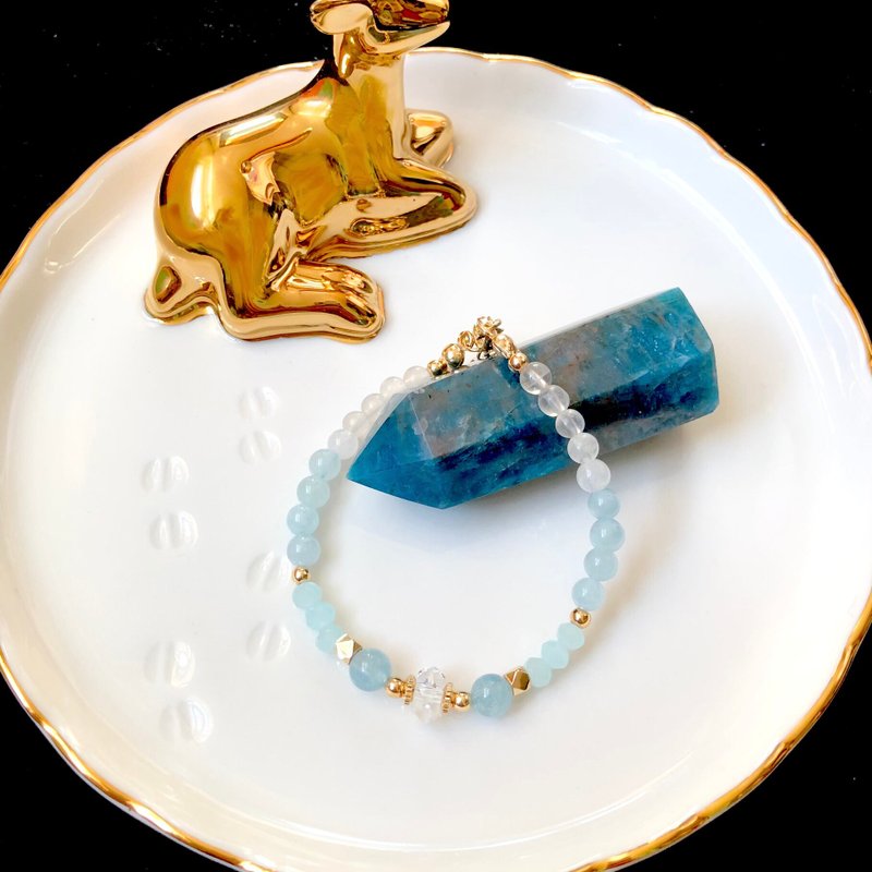 淺藍星火—白水晶 海藍寶 藍尖晶 月亮石 14k金 天然水晶手鍊 - 手鍊/手環 - 半寶石 藍色