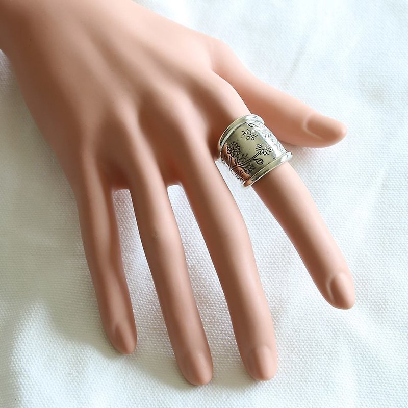 Flower Ring Cigar Band Sterling Silver Boho Celtics Braid Wide Women Cuff gift - General Rings - Other Metals Silver