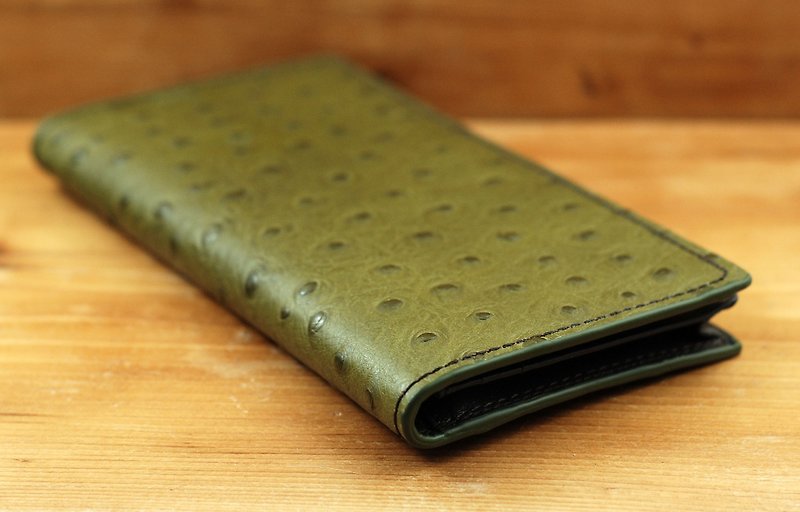 Dark green ostrich pattern leather clip [Italian high imitation ostrich embossed] - Wallets - Genuine Leather Green