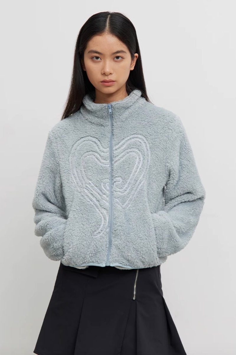 Love Strip Jacket 燈條愛心刺繡毛絨外套 - 女上衣/長袖上衣 - 其他材質 藍色