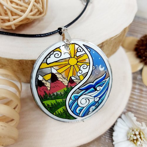 Charm.arts Land & Sea as Yin Yand duality hand painted on Boho nature necklace. Unique art