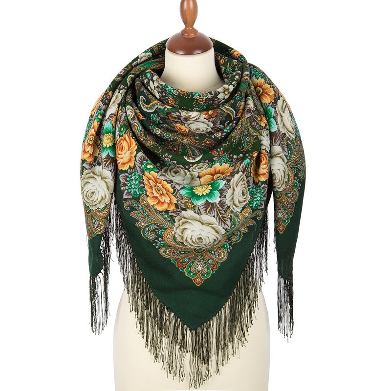 Pavlovo Posad Russian Shawl 100% Wool Scarf 125x125 cm Wrap Silk Fringe 1824-9 - 圍巾/披肩 - 羊毛 多色
