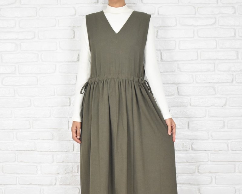 Bamboo cotton V-neck ribbon dress jumper Khaki - One Piece Dresses - Cotton & Hemp Green