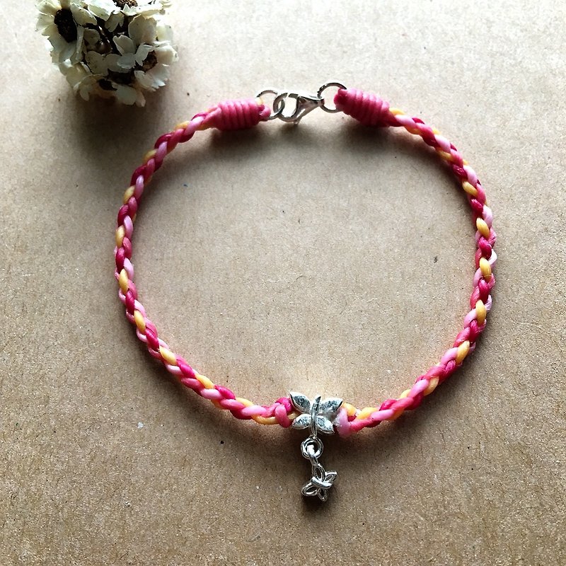 Butterfly Butterfly Flying Silk Wax sterling silver / woven bracelet / 925 silver bracelet / - Bracelets - Genuine Leather Pink