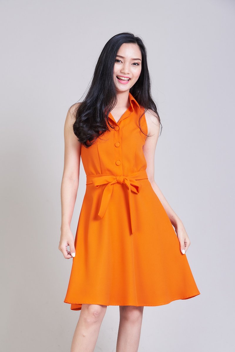 เดรสสีส้ม เดรสวินเทจ ชุดไปปาร์ตี้ ชุดใส่ทำงานสีส้ม Orange Dress Vintage Shirt - ชุดเดรส - เส้นใยสังเคราะห์ สีส้ม