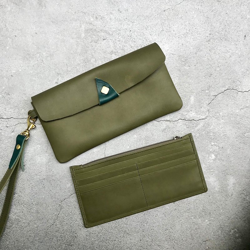 Sienna leather composite design multi-purpose long wallet clutch - กระเป๋าคลัทช์ - หนังแท้ สีเขียว