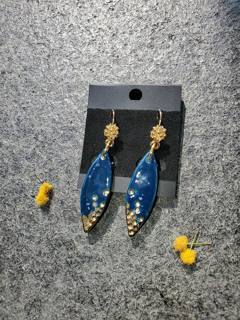 Ocean Blue glaze Porcelain Earrings with 24k gold luster - Earrings & Clip-ons - Porcelain Blue