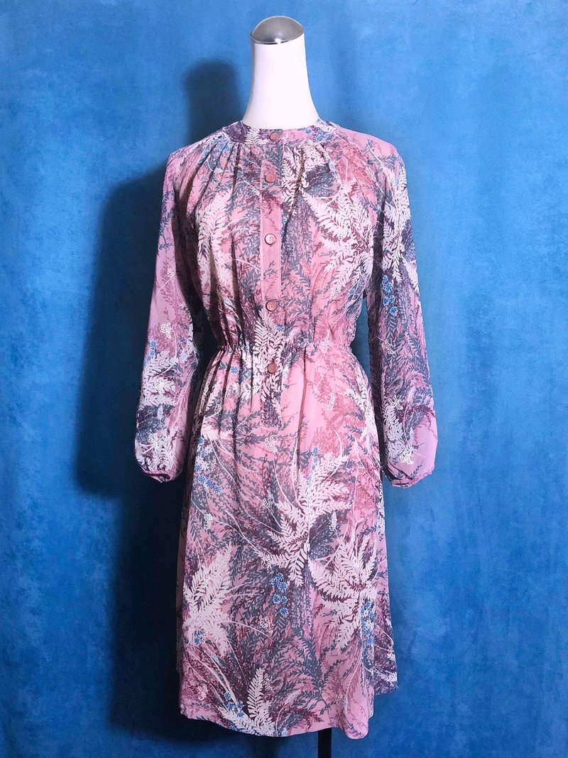 Leaf Shadow Weave Vintage Dress / Bring VINTAGE abroad - One Piece Dresses - Polyester Pink