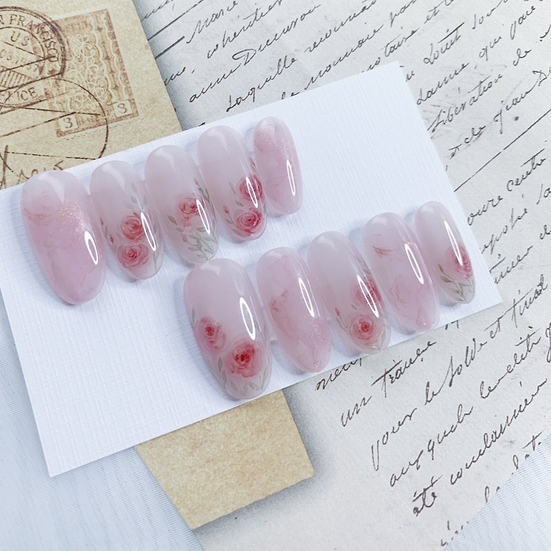 Classic rose nail patch/gel nail/custom nail patch NA 25 - ยาทาเล็บ - วัสดุอื่นๆ สึชมพู