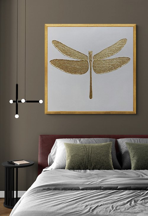JuliaKotenkoArt Large Wall Decor Gold Dragonfly Abstract Painting on Canvas with Gold Leaf