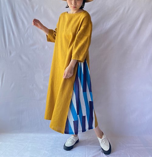 occasional rain linen combination dress topaz yellow/random stripe(blue)