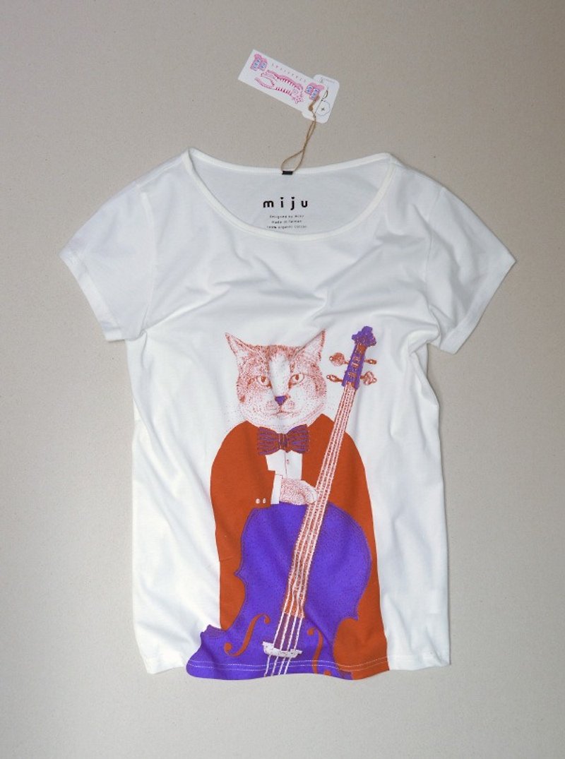 有機棉橘紫貓咪大提琴T-shirt - T 恤 - 棉．麻 橘色
