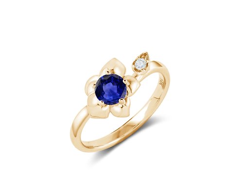 Majade Jewelry Design 藍寶石14k黃金鑽石訂婚戒指 非傳統蘭花結婚戒指 大自然花卉戒指