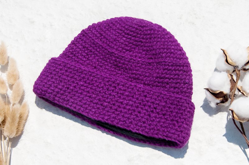 手工編織純羊毛帽/編織帽/針織毛帽/內刷毛手織毛帽/毛線帽-紫色 - 帽子 - 羊毛 紫色