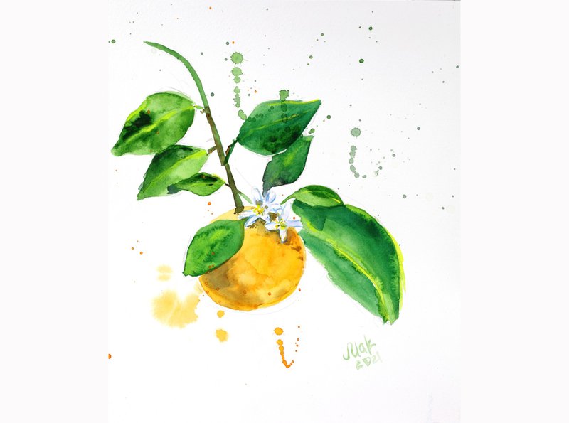 Tangerine Painting Mandarin Original Art Citrus Watercolor Mandarin Tree Art - 海報/掛畫 - 紙 橘色
