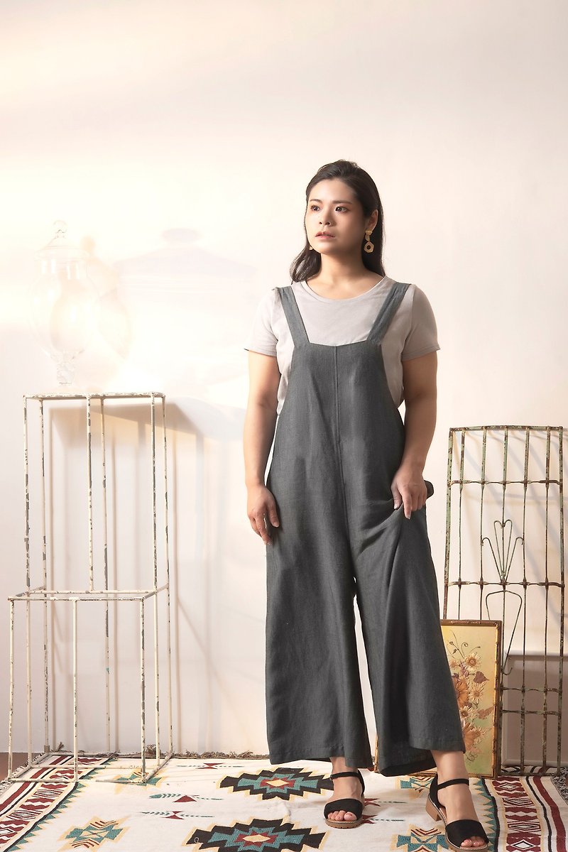 Rear straps and nine dispersing pants - Overalls & Jumpsuits - Cotton & Hemp Gray