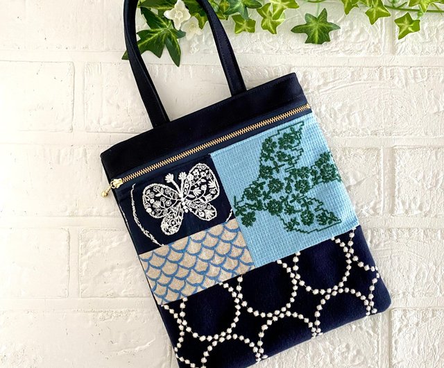 ミナペルホネン　パッチワーク×foresttile トートバッグ　ハンドメイド ミナペルホネン フォレストタイルとパッチワーク バケツ型トート